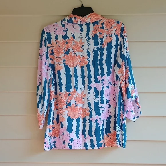 Ruby Rd. Floral Striped Blouse - Blue, Pink, White - Picture 3 of 15